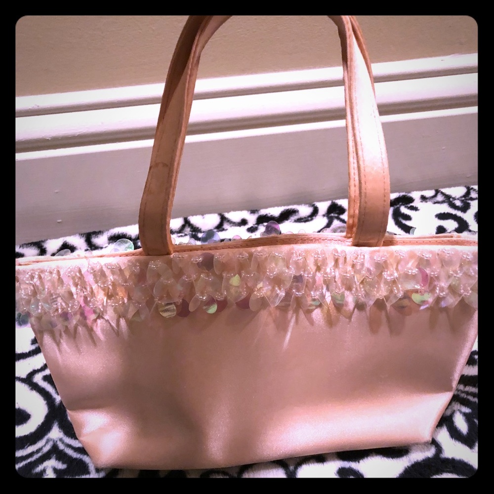 Light peach satin and iridescent sequined purse